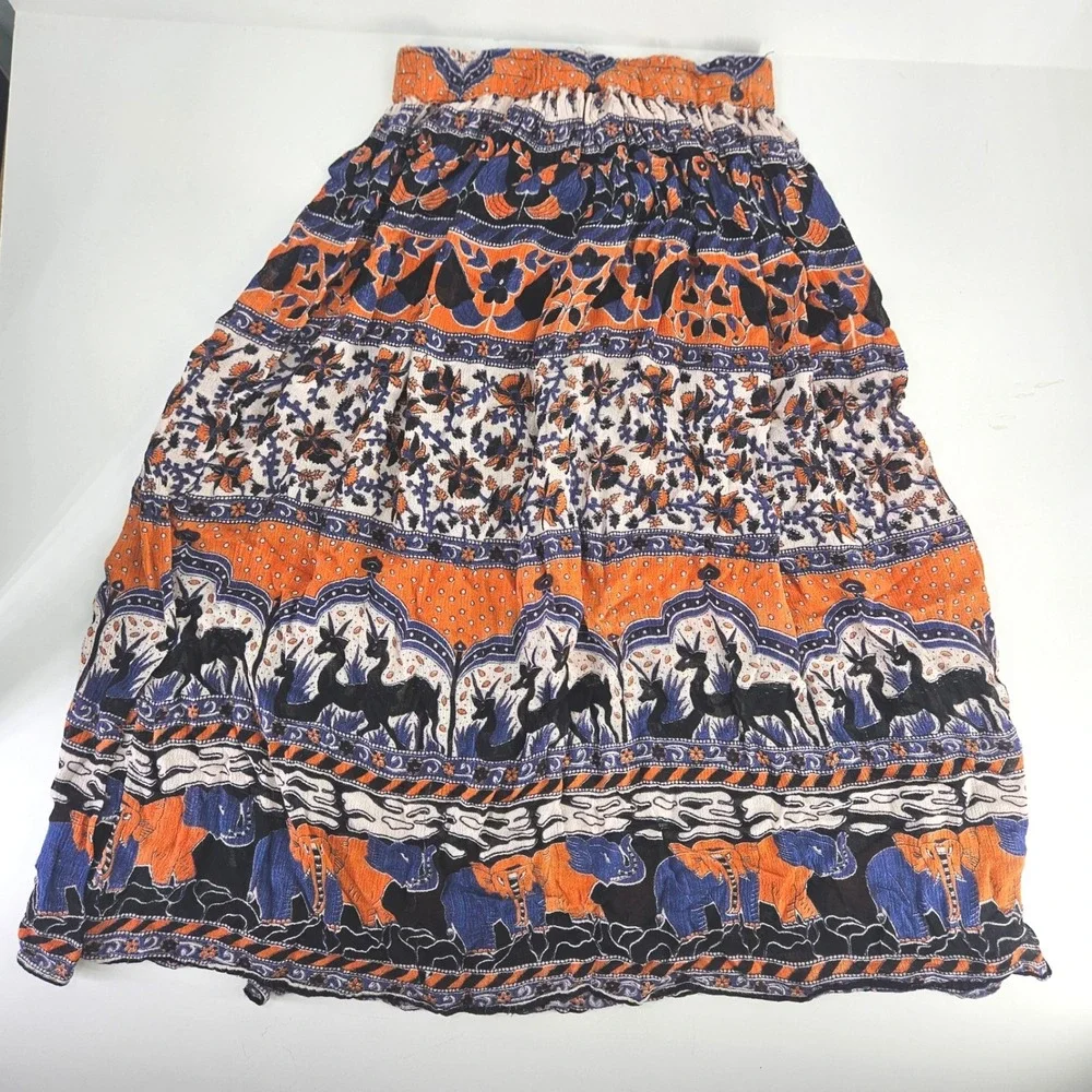 Vintage Semi-sheer Elephant Print Boho Maxi Skirt Orange Blue Black‎ White India